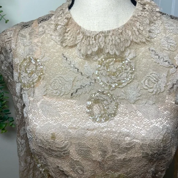 Vintage Rina Di Montella Nude Lace + Sequin Midi Dress Size 6 - Picture 3 of 10